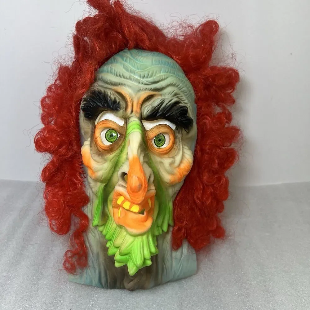Vtg 1970s/80s Fun World Black Light Glow Halloween Rubber Mask Witch Monster